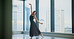 Girl, ballet and dancing at window with talent, elegance or audition performance. Japanese dancer, movement and creative in studio with artistic expression, routine rehearsal or culture choreography