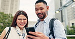 Couple, phone and laugh with funny meme in city, street and social media for travel and vacation destination. Japanese man, woman and tourism with adventure, support and love on holiday in Tokyo