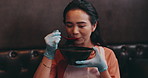 Japanese woman, soy sauce and taste in restaurant for dinner, lunch and prepare dish with smile. Proud, female person and happy with tsuyu for cuisine, noodles and ramen for culinary culture of Japan