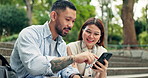 Couple, phone and steps with browse in city, park and social media for travel and vacation destination. Japanese man, woman and funny meme with adventure, scroll and nature trip on holiday in Tokyo