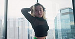 Class, contemporary dancing and woman with creative rehearsal, practice or performance. Art, portrait and Japanese person with interpretive choreography for groove, recital or talent with energy.