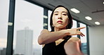Studio, contemporary dance and woman with art rehearsal, practice or performance. Creative, portrait and Japanese person with interpretive choreography for groove, recital or talent with energy.