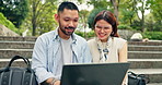 Laptop, stairs and Japanese people in town with bag for business travel with hotel confirmation. Conversation, steps and team of graphic designers with computer for flight ticket booking in city.