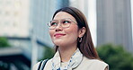 City, smile and thinking with business woman outdoor for inspiration or job opportunity in Indonesia. Face, future and glasses with happy Asian employee in urban town for idea, planning or vision