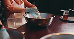 Japanese woman, hands and kneading dough for pastry, noodles or food in cooking class or restaurant. Female person, concentration and learning for hospitality, diet and healthy meal as culinary skill