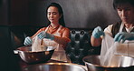 Japanese woman, bowl and cooking class for meal, noodles and fine dining in restaurant for pastry. Female person, concentration and learning for hospitality, diet and healthy food with culinary skill