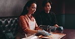 People, pasta or machine in cooking class for learning, craft or food in Japanese restaurant. Asian woman, chef or kneed dough at course for skill development, traditional meal or culture education