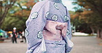 City, park and woman in kimono fashion at outdoor market with pattern, heritage and clothes from back. Obi, sash and girl in traditional Japanese style, culture and identity at urban summer festival