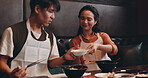 Japanese couple, food and nutrition in restaurant for dinner, lunch and bonding together for anniversary. Hungry people, man and woman with asian cuisine of noodles, ramen and eating in relationship