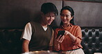Restaurant, couple and happy with smartphone for Japanese menu, online service and conversation. Relationship, man and woman with mobile application for digital order, options and bonding on date