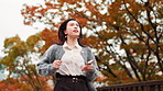 Japanese, woman and running late outdoor on park bridge with phone checking for time and rush to job in city. Urban, professional and Tokyo with stress for appointment and work schedule in morning