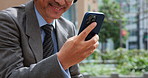 Hands, phone and business person in city for reading, typing or happy with notification for deal. Employee, smartphone and smile in road with mobile app for search, direction or booking taxi in Japan