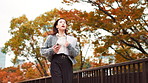 Japanese, business woman and running late outdoor on park bridge with phone checking for time and rush to job. Urban, professional and Tokyo in city for appointment and work schedule in morning