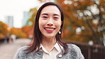 Japanese, face and business woman outdoor with smile, happy and morning commute with city travel. Park, bridge and professional from Tokyo with confidence, about us and portrait of staff in autumn