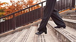 Stairs, walking and shoes of business person in city for morning commute, travelling and journey in urban town. Professional, worker and woman on steps for work trip, journey and career in Japan