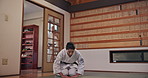 Respect, woman or bow in dojo for karate for respect, karate practice and self defense in class. Fighter, kneeling or female student in Japan for learning martial arts, combat training or workout