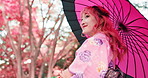 Woman, forest and walking with umbrella of Japan, outdoor vacation and travel to park for view. Female person, traditional clothes and kimono in nature for culture, local fashion and explore woods