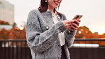City, park and hands of woman with phone, connection and online chat on morning commute. Smartphone, search and girl on bridge with mobile app for social media post on outdoor urban travel in Japan