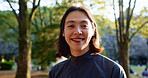 Face, fitness and smile with man at forest for health, sports or wellness routine in summer. Exercise, happy and portrait of happy Japanese athlete or runner in nature park for training and workout