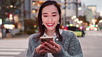 Laugh, search and woman in city with phone, connection and funny online chat on morning commute. Smartphone, meme and Japanese girl in street on mobile app for social media, smile and urban travel