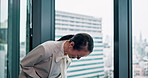Japanese woman, smile or bow for business, gratitude or culture etiquette in corporate office. Asian worker, traditional greeting or respect for formality, thank you or secretary with welcome gesture