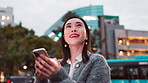 Smile, thinking and woman in city with phone, connection or online search on morning commute. Smartphone, ideas and Japanese girl in street on mobile app for social media, contact and urban travel
