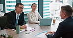 Business meeting, laptop and paperwork for review, feedback and audit in accounting agency. Team, people and technology for financial report, documents and company taxes as accountant for bookkeeping