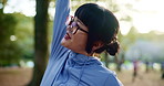 Exercise, stretching and Japanese woman in forest for start of cardio sports, training or workout. Fitness, getting ready and warm up with happy athlete person in nature park for health or wellness