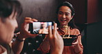 Asian couple, eating and camera with vlog for live recording, meal or ramen at restaurant. Japanese, man and woman with phone screen for online streaming, dish or tasting cuisine or meal in Japan