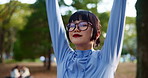 Breathing, stretching and athlete woman in forest for start of cardio exercise, training or workout. Fitness, getting ready and warm up with Japanese person in nature park for health or wellness