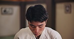 Face of student, man or bow for martial arts practice, discipline and self defense in class. Respect, honor or person in Japan for learning combat or training workout for fighting education in dojo