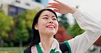 Woman, thinking and travel in city with smile, travel and search for direction, outdoor and summer in street. Girl, person and happy on urban sidewalk with tourism, location and landmark in Japan