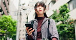 Woman, phone and bicycle in city for location, text and travel with social media, commute and search. Asian person, mobile and bike in urban town for eco friendly transport, app and lost in Japan