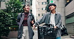 Couple, talking and walking with bike in city for morning commute, urban journey and bonding. Japanese people, happy and together with bicycle on sidewalk in town for travel, conversation and support
