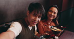 Couple, face and selfie with food in restaurant, bonding and celebration for anniversary with smile. Japanese people, man and woman in portrait with photography, picture and romantic with noodles