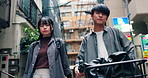 Fashion, urban and face of Japanese couple in city for cool, bonding and gen z style. Students, partnership and streetwear with portrait of asian man and woman in outdoors for date, trendy and casual
