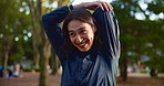 Exercise, smile and stretching with man in nature for start of cardio, training or workout routine. Fitness, getting ready and warm up with happy Japanese athlete outdoor in forest or park for sports
