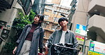 Fashion, bike and face of Japanese couple in city for cool, bonding and gen z style. Students, partnership and streetwear with portrait of asian man and woman in outdoors for date, trendy and casual