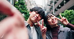 City, selfie and face of Asian couple with peace sign for dating, bonding and emoji on weekend. Smile, happy and portrait of Japanese man and woman take picture for social media, memory and post