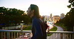 Japanese man, bridge and running with city, morning and street for fitness or sunrise workout. Athlete, person and exercise on Tokyo road for wellness, health and marathon training performance
