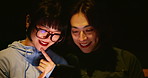 Japanese, night and couple with smartphone, smile and bonding together with internet. People, man and woman with cellphone, mobile user or texting with message to contact, online game or social media