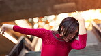 Japanese, woman and ballet dancing on metro steps with balance, art and public performance. Creative, dancer and autumn with culture, spin and Japan custom on city stairs with music and low angle