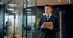 Japanese business man, tablet and office with reading in corridor, scroll and application with contact at company. Person, digital touchscreen and review with feedback for project at insurance agency