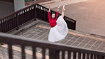 Ballet, dancer and Asian ballerina in city on stairs for performance, dancing and practice in town. Creative, choreography and Japanese woman for movement, balance and artistic talent outdoors