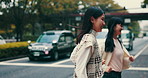 Running, women and friends in street, travel and bonding together with happiness. Japanese people, outdoor and girls in road, excited and cheerful with vacation, adventure and journey with joy