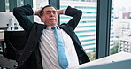 Tired, stretching and mature man in office, laptop and burnout for deadline, overworked and business. Glass, exhausted and employee with project, fatigue and overtime for Japanese person and Japan
