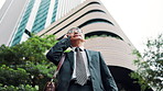 Phone call, business and mature Asian man in city for contact on commute, travel and trip. Professional, corporate and Japanese person on smartphone for communication, online networking and talking