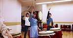 Music, taiko and group with instrument, art and energy for practice, performance and traditional. Talent, drummer and Japanese people with passion for culture, playing and spiritual expression