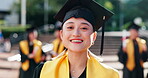 Face, smile and woman at graduation outdoor for education achievement, university certificate and future. Happy, girl and student with award celebration, study success and academic ceremony in Japan