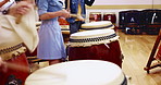 Japanese people, drum and taiko as instrument for music, dance and entertainment or tradition. Drummer, performance, art and band for percussion, event and festival as culture, students and musician